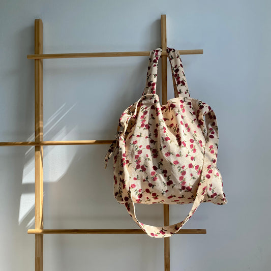 Retro Rose Pattern Corduroy Tote Bag with Lining