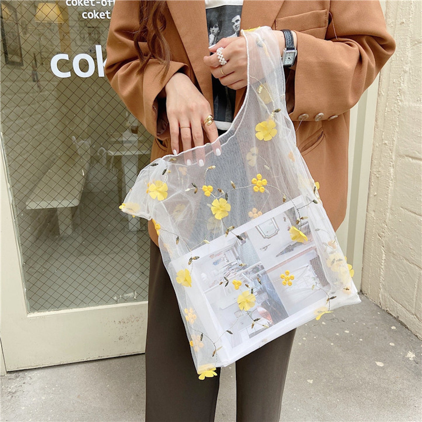 Chic Transparent Mesh Bag with Embroidered Florals