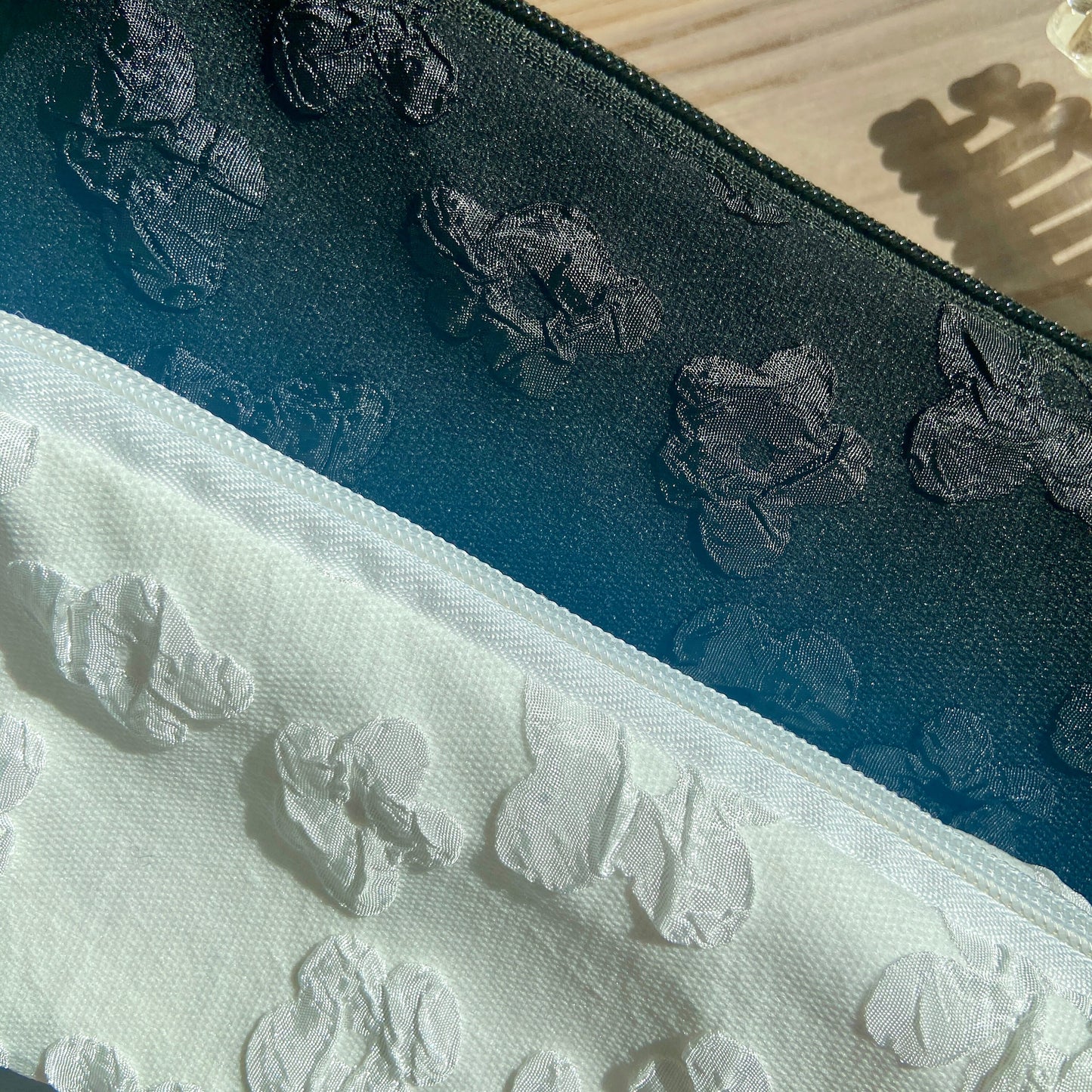 Embroidered Floral Pencil Case – Black & White Zipper Pouch