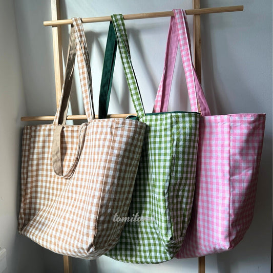 Reversible Canvas Tote Bag – Gingham & Solid Colors