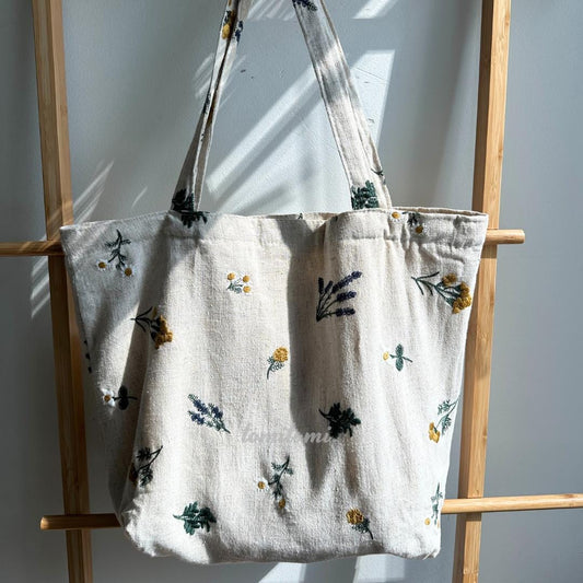 Boho Embroidered Floral Tote Bag in Sage Green or Natural Beige – Daisy and Lavender Design – Upgraded with Zipper Closure & Reinforced Canvas – Hidden Pockets