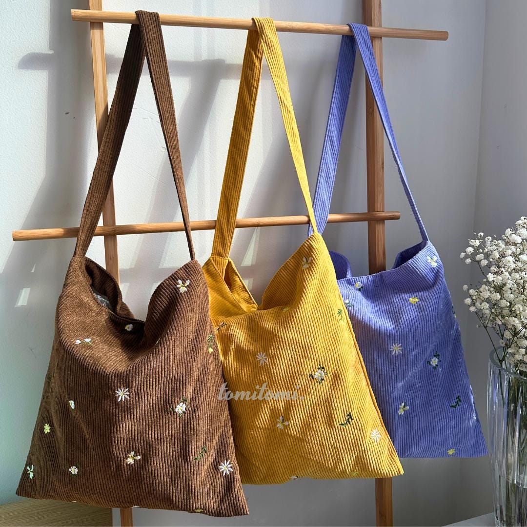 Floral Embroidered Corduroy Tote Bag – Soft Shoulder Bag | tomitomi