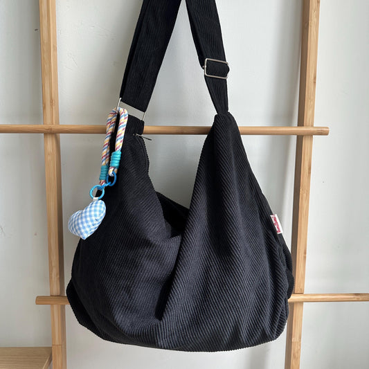 Cute Retro Corduroy Tote Bag with Adjustable Strap, Zipper, and Inner Pocket