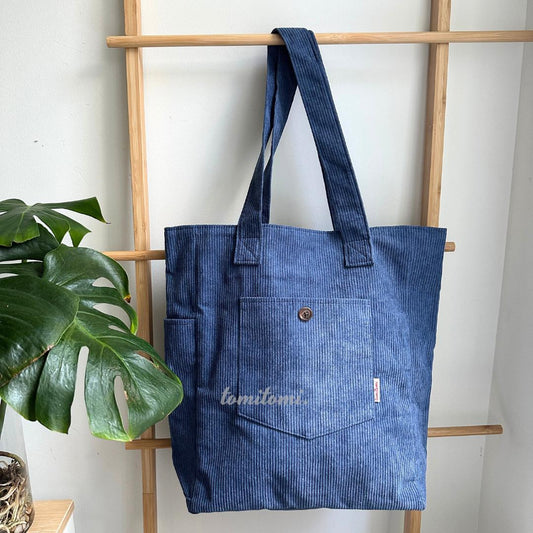 Premium Corduroy Tote Bag with Water Bottle Holder, Zipper Pocket & Snap Closure