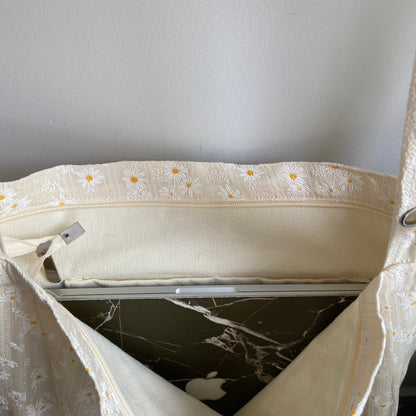 Daisy Tote Bag with Canvas Interior and Hidden Pocket