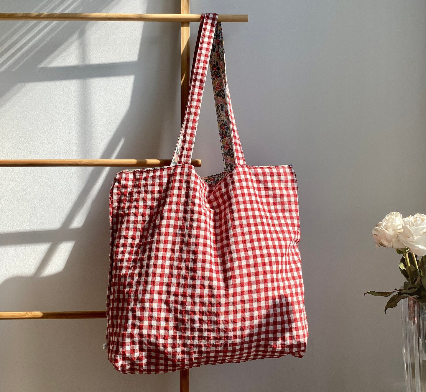 Reversible Tote Bag – Floral & Plaid Pattern