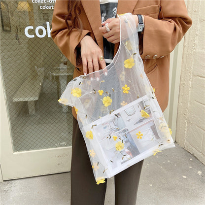 Chic Transparent Mesh Bag with Embroidered Florals
