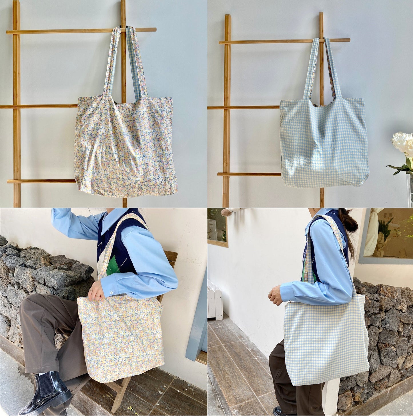 Reversible Tote Bag – Floral & Plaid Pattern