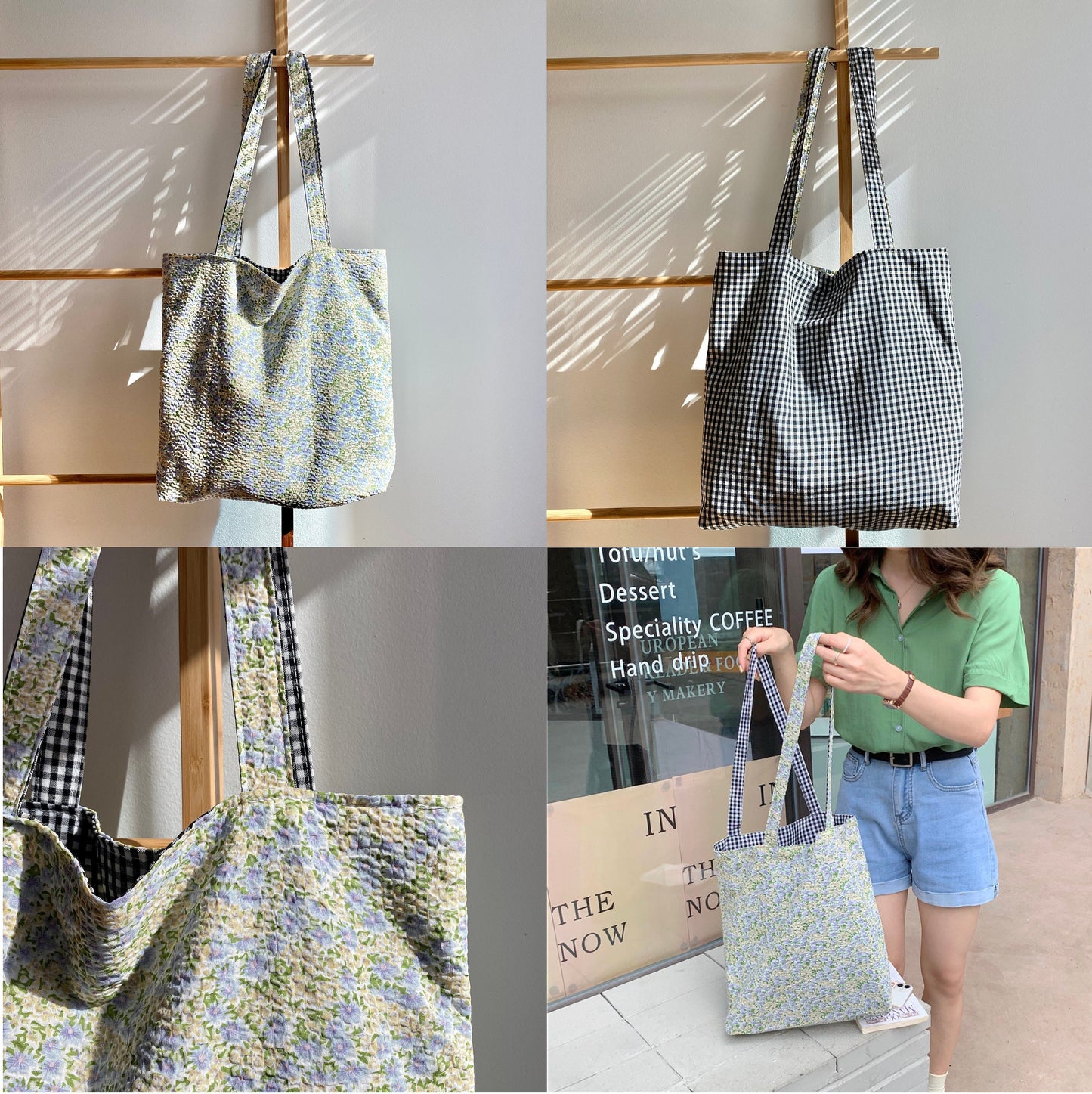 Reversible Tote Bag – Floral & Plaid Pattern