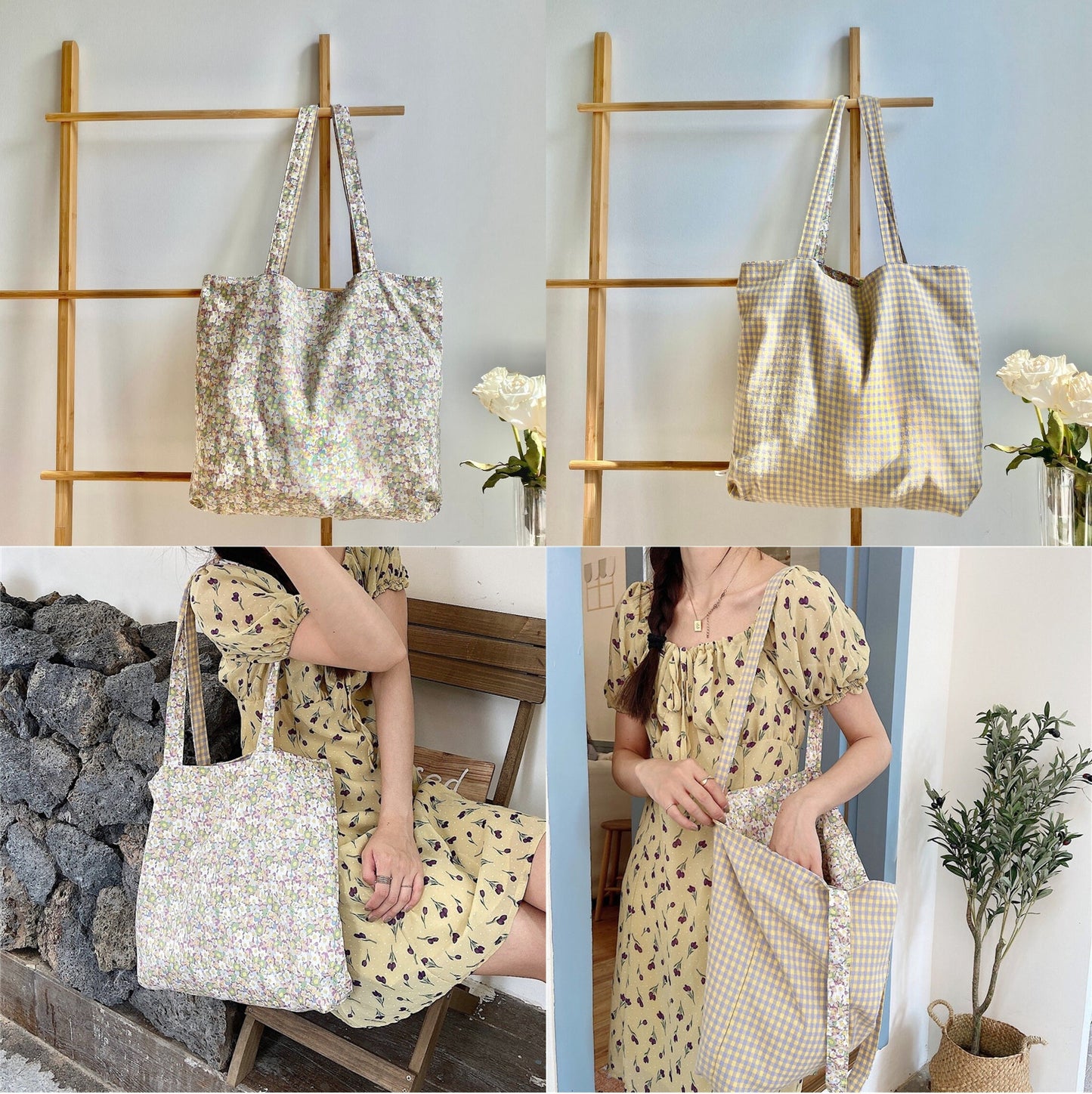 Reversible Tote Bag – Floral & Plaid Pattern