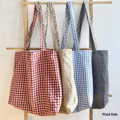 Reversible Tote Bag – Floral & Plaid Pattern