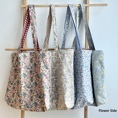 Reversible Tote Bag – Floral & Plaid Pattern