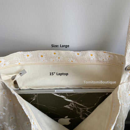 Daisy Delight Tote Bag – Floral Canvas Tote with Hidden Pocke
