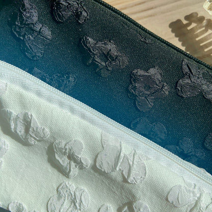 Embroidered Floral Pencil Case – Black & White Zipper Pouch