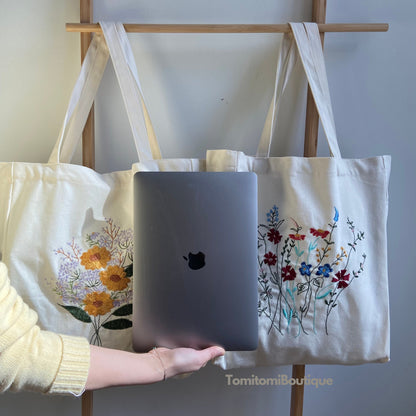Floral Embroidered Canvas Tote with Magnetic Closure