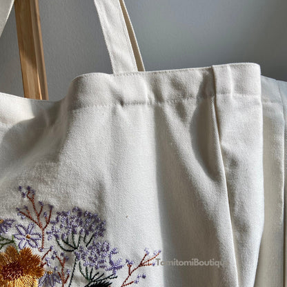 Floral Embroidered Canvas Tote with Magnetic Closure