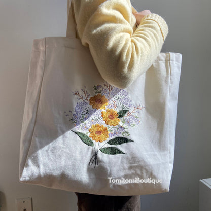 Floral Embroidered Canvas Tote with Magnetic Closure