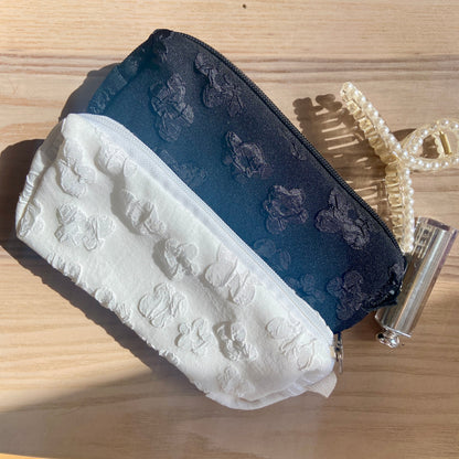Embroidered Floral Pencil Case – Black & White Zipper Pouch