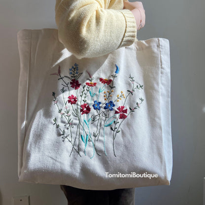 Floral Embroidered Canvas Tote with Magnetic Closure