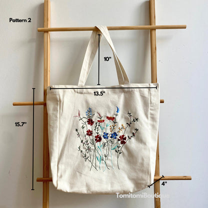 Floral Embroidered Canvas Tote with Magnetic Closure