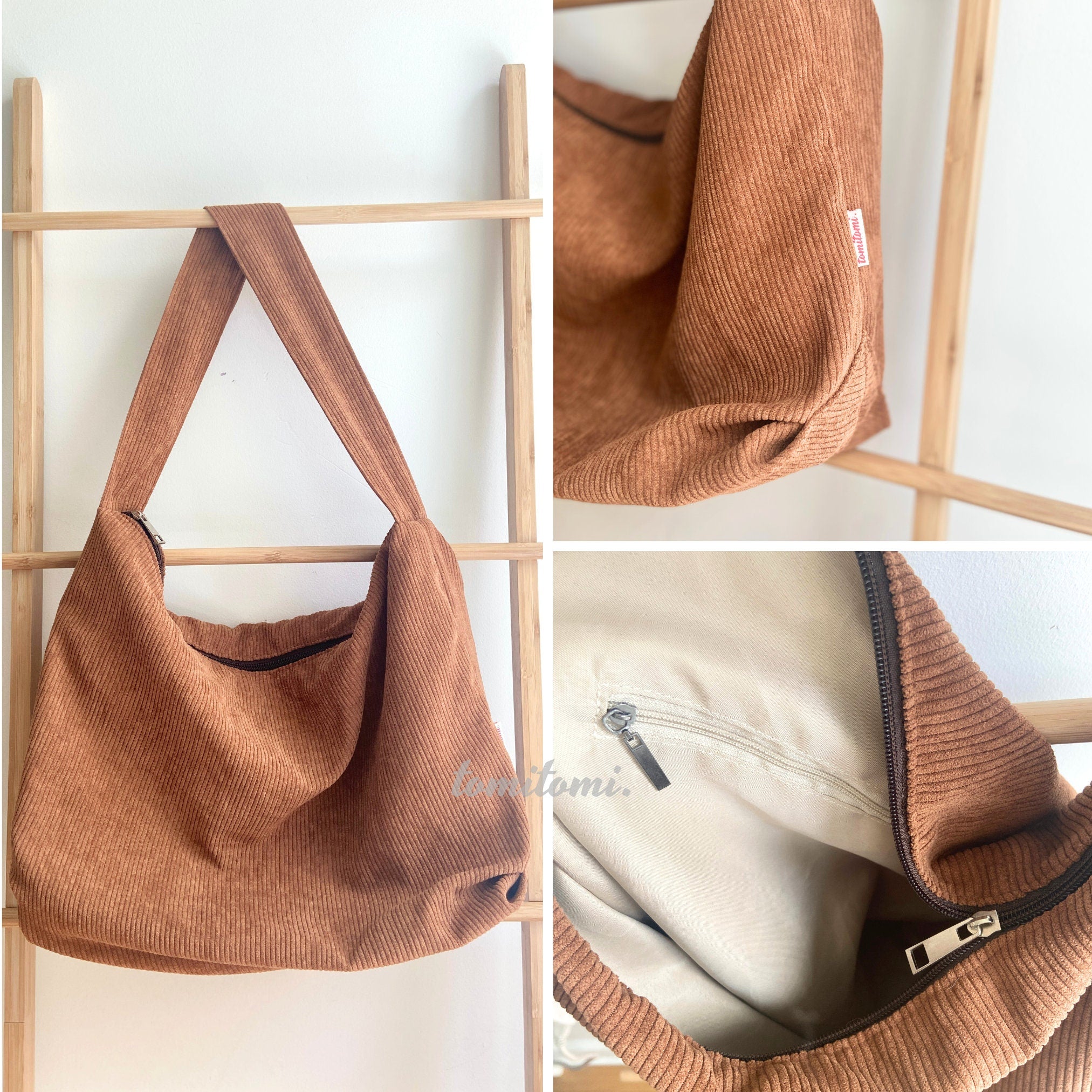 Cute Retro Corduroy Tote Bag with Adjustable Strap, Zipper