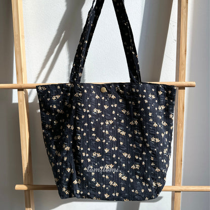 Floral Delight Tote Bag | Elegant Black & Beige Design with Purple Blooms | Perfect for Work, School, and Everyday Chic