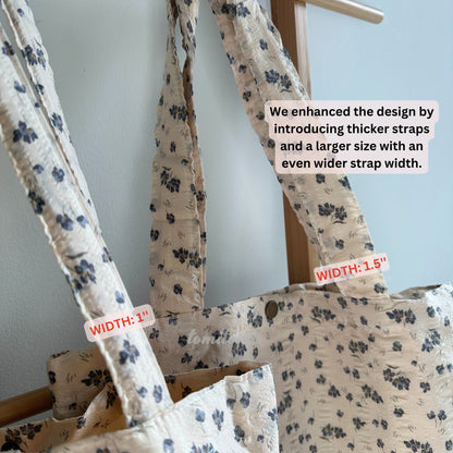 Floral Embroidered Tote Bag – Black & Beige with Purple Blooms