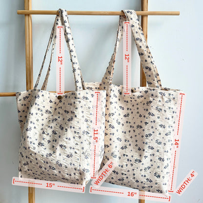 Floral Embroidered Tote Bag – Black & Beige with Purple Blooms