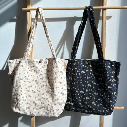 Floral Embroidered Tote Bag – Black & Beige with Purple Blooms
