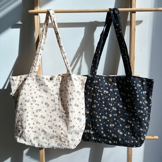 Floral Embroidered Tote Bag – Black & Beige with Purple Blooms