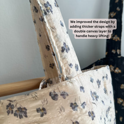 Floral Embroidered Tote Bag – Black & Beige with Purple Blooms