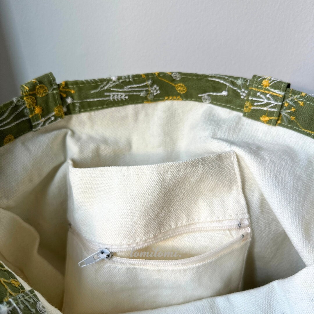 Yellow & White Dandelion Floral Tote Bag | Lemon Curd & Navy | Hidden Pockets, Two Handles | Durable Canvas