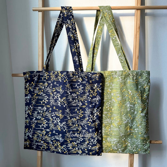 Yellow & White Dandelion Floral Tote Bag | Lemon Curd & Navy | Hidden Pockets, Two Handles | Durable Canvas