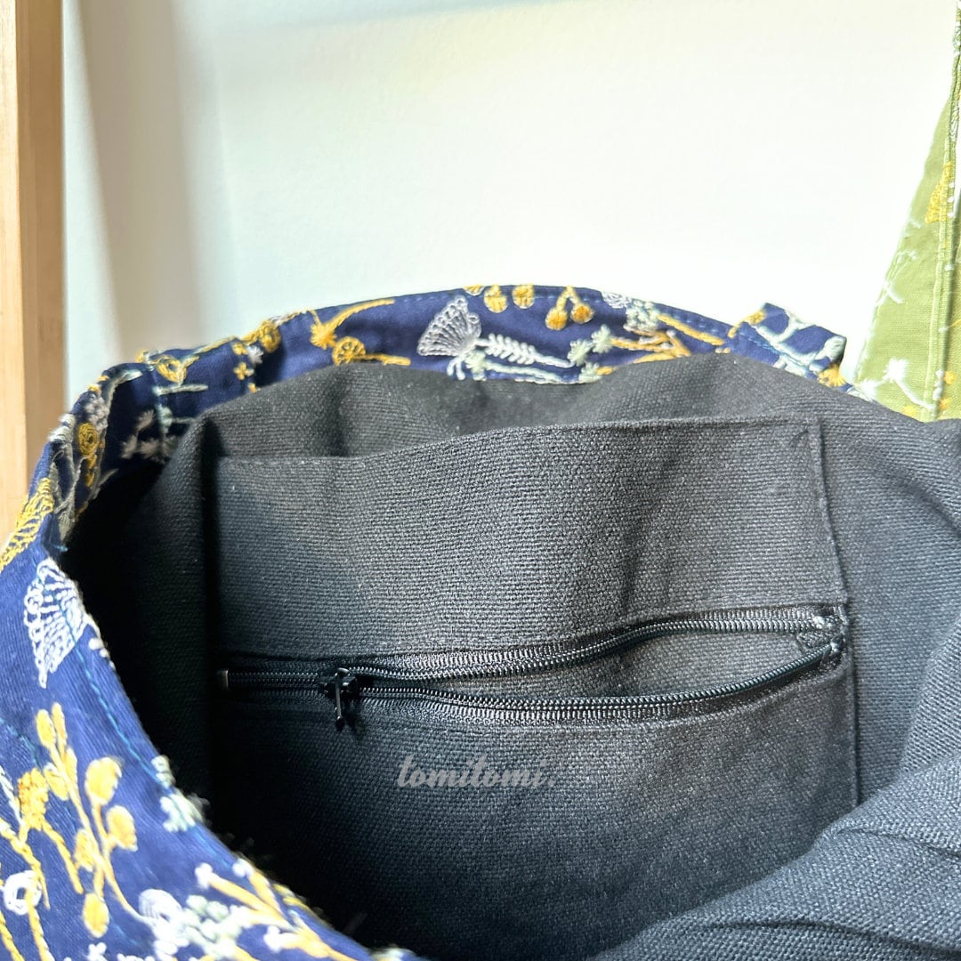 Yellow & White Dandelion Floral Tote Bag | Lemon Curd & Navy | Hidden Pockets, Two Handles | Durable Canvas