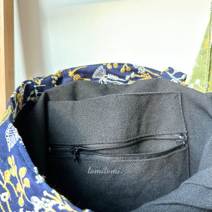 Yellow & White Dandelion Floral Tote Bag | Lemon Curd & Navy | Hidden Pockets, Two Handles | Durable Canvas