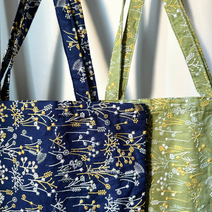 Yellow & White Dandelion Floral Tote Bag | Lemon Curd & Navy | Hidden Pockets, Two Handles | Durable Canvas