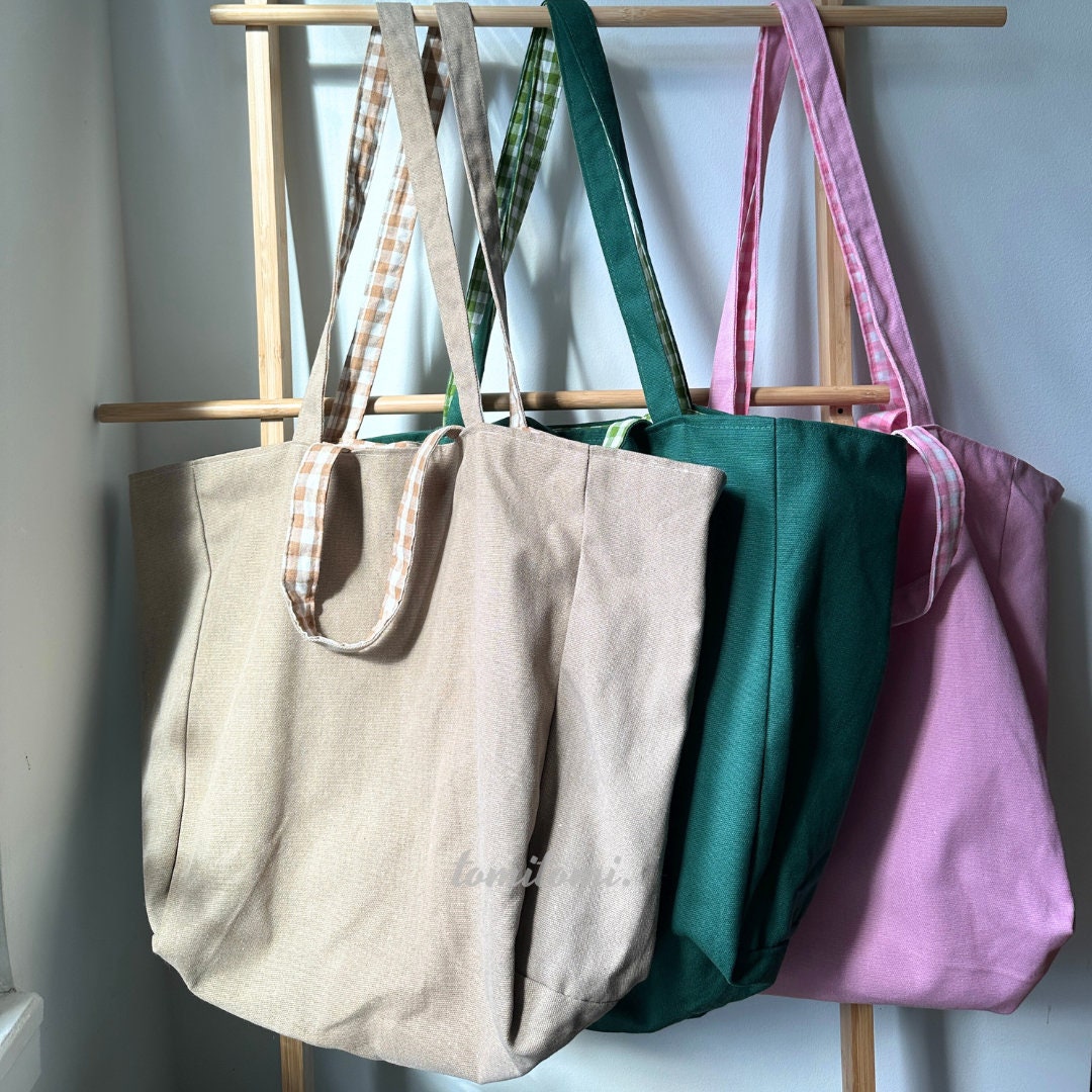 Reversible Canvas Tote Bag – Gingham & Solid Colors – tomitomi