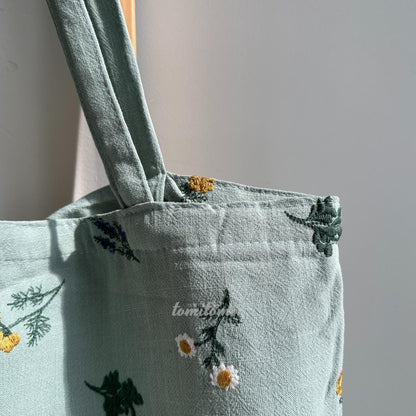 Boho Embroidered Floral Tote Bag in Sage Green or Natural Beige – Daisy and Lavender Design – Upgraded with Zipper Closure & Reinforced Canvas – Hidden Pockets - Closeup