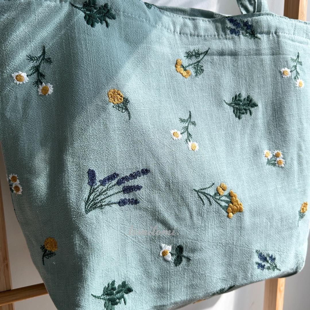 Boho Embroidered Floral Tote Bag in Sage Green or Natural Beige – Daisy and Lavender Design – Upgraded with Zipper Closure & Reinforced Canvas – Hidden Pockets - Closeup