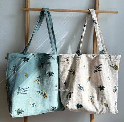 Boho Embroidered Floral Tote Bag in Sage Green or Natural Beige – Daisy and Lavender Design – Upgraded with Zipper Closure & Reinforced Canvas – Hidden Pockets