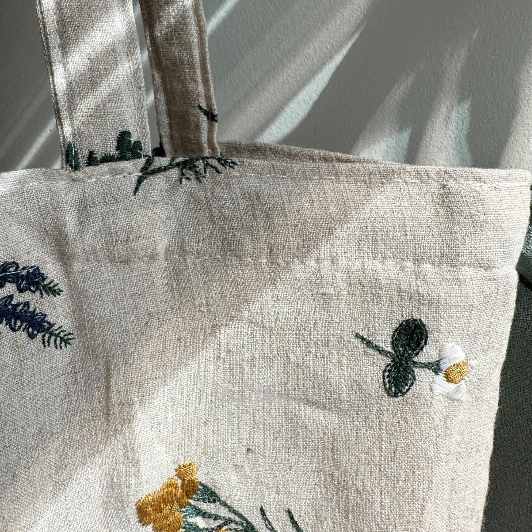 Boho Embroidered Floral Tote Bag in Sage Green or Natural Beige – Daisy and Lavender Design – Upgraded with Zipper Closure & Reinforced Canvas – Hidden Pockets - Closeup