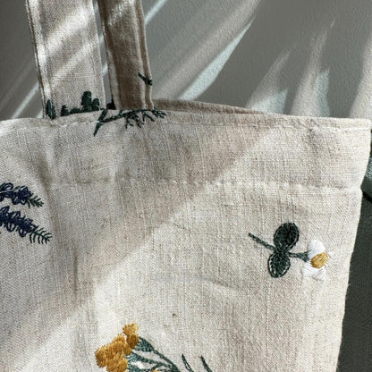 Boho Embroidered Floral Tote Bag in Sage Green or Natural Beige – Daisy and Lavender Design – Upgraded with Zipper Closure & Reinforced Canvas – Hidden Pockets - Closeup