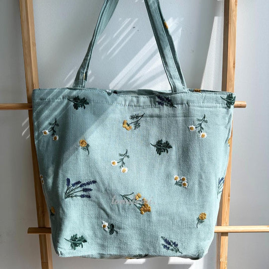 Boho Embroidered Floral Tote Bag in Sage Green or Natural Beige – Daisy and Lavender Design – Upgraded with Zipper Closure & Reinforced Canvas – Hidden Pockets
