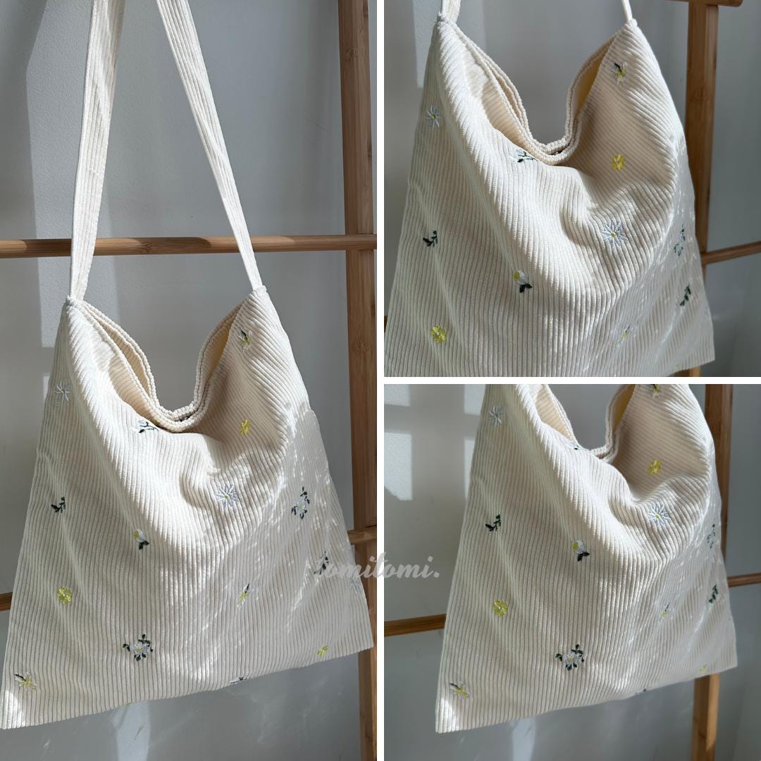 Beige Embroidered Corduroy Tote Bag