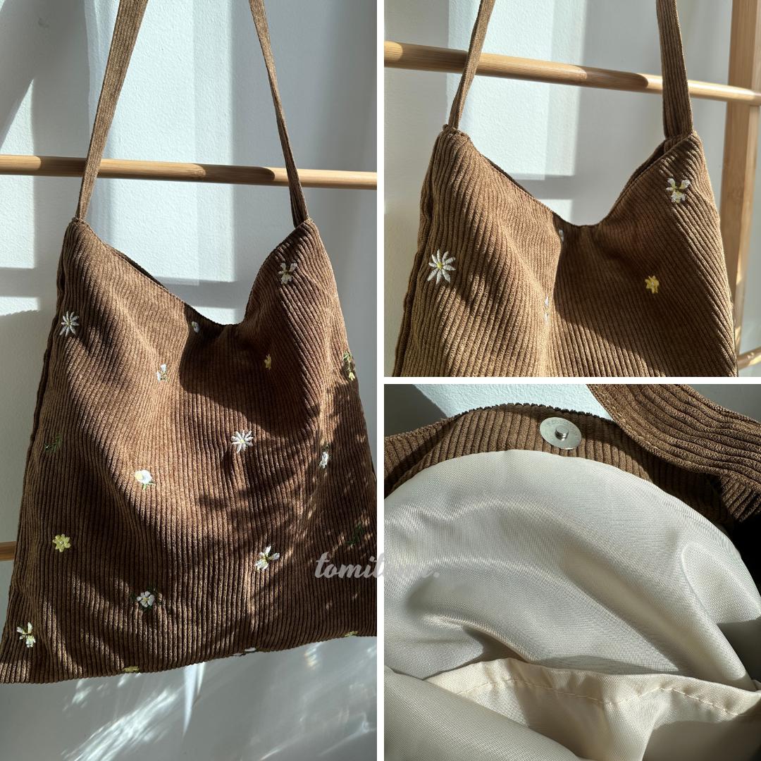 Floral Embroidered Corduroy Tote Bag – Soft Shoulder Bag | tomitomi