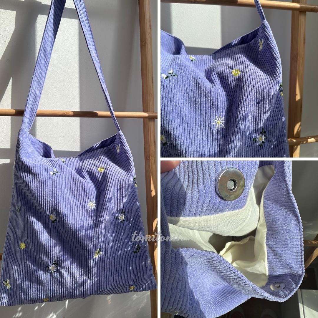 Lavender Embroidered Corduroy Tote Bag