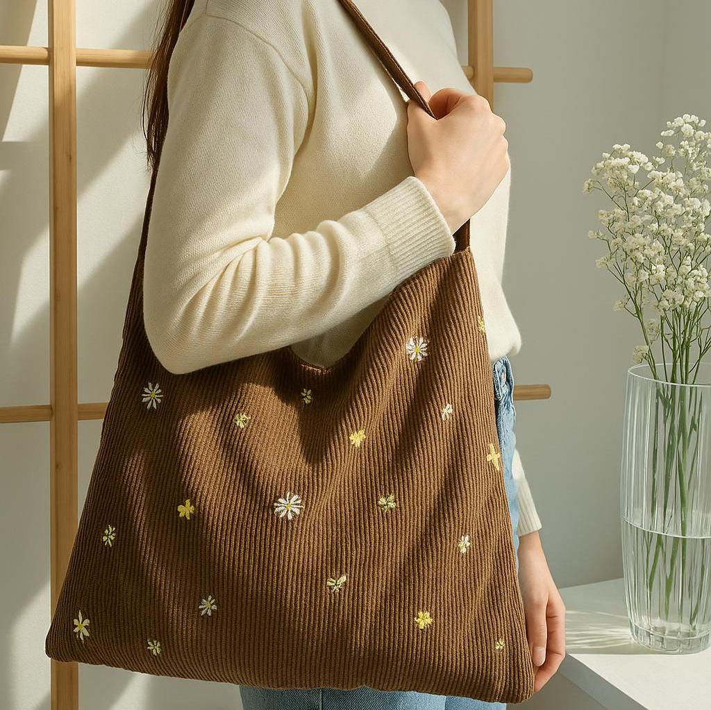 Floral Embroidered Corduroy Tote Bag – Soft Shoulder Bag | tomitomi
