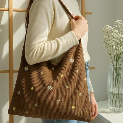Floral Embroidered Corduroy Tote Bag