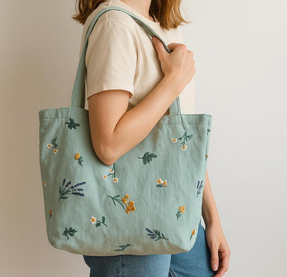 Boho Embroidered Floral Tote Bag – Sage Green, Beige & Lavender Daisy with Zipper