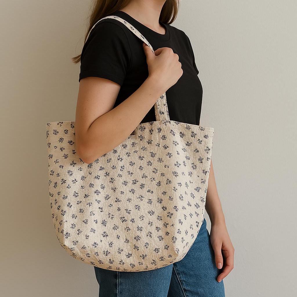 Floral Embroidered Tote Bag – Black & Beige with Purple Blooms